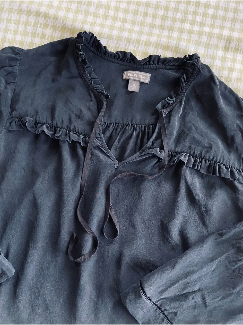 J. Crew Point Sur Black 100% Silk Blend Ruffle Peasant Popover Blouse Small